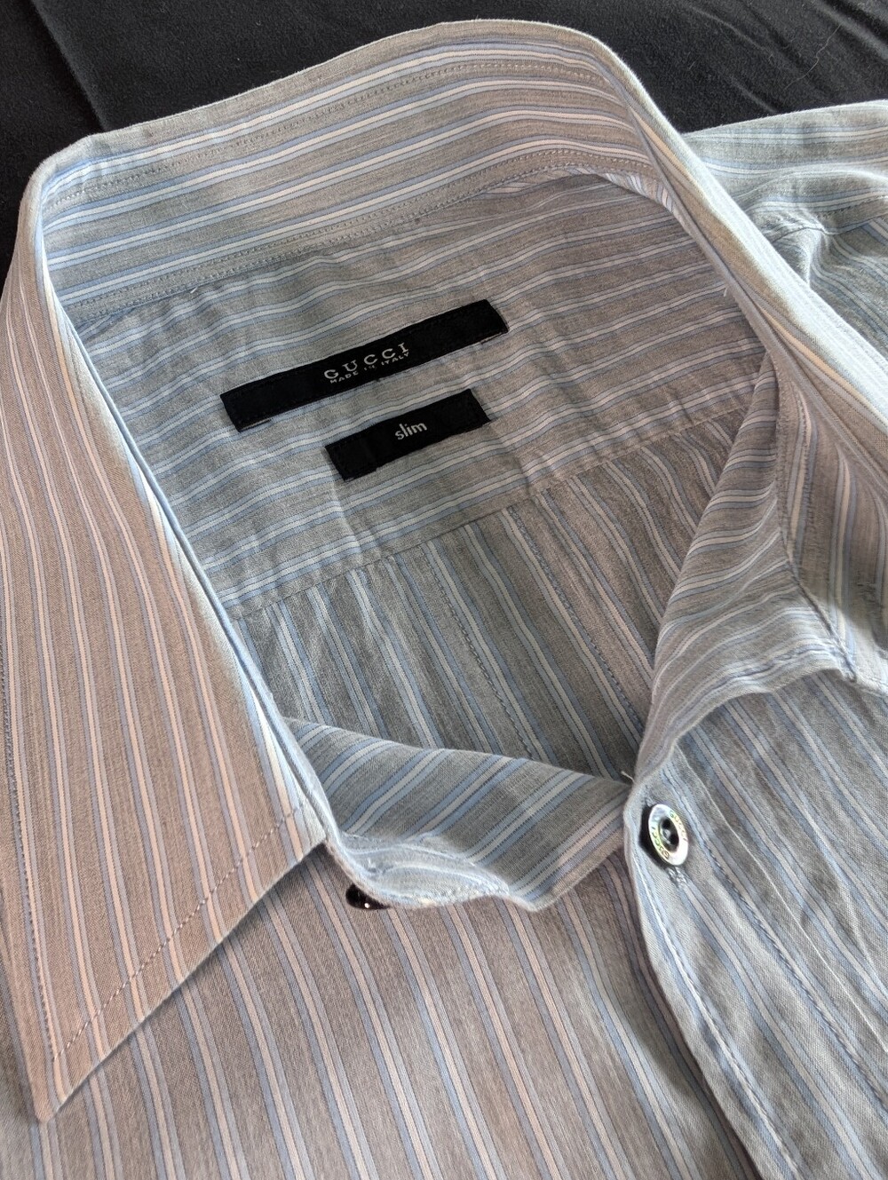 Gucci Men's Light Grey and White Striped Cotton Dress Shirt 42 EU